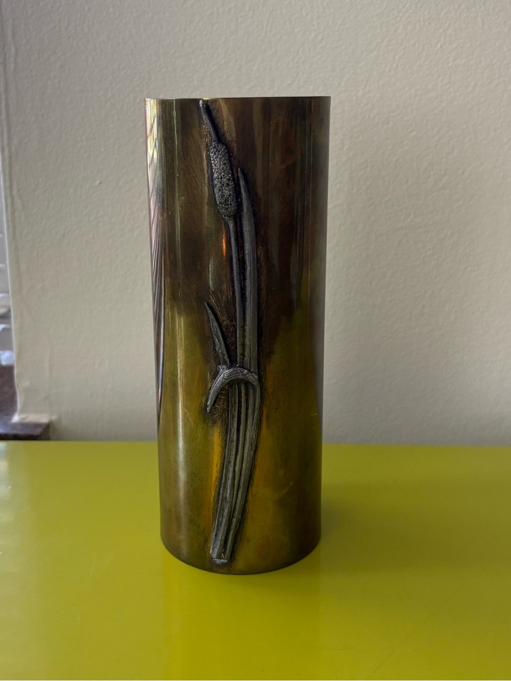 Vintage Brass or Bronze Vase with Cattail
